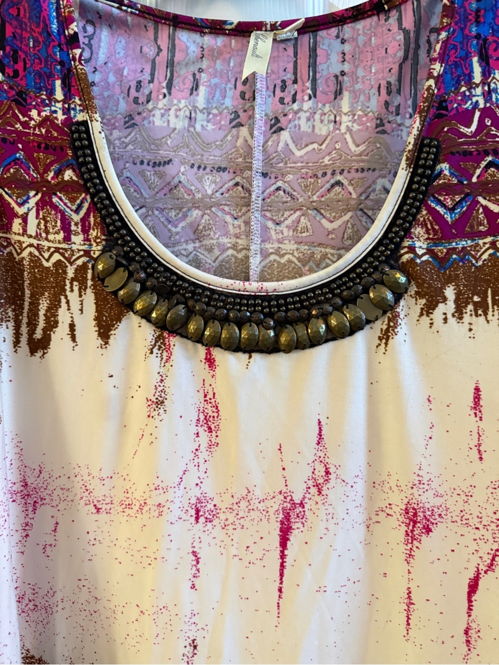 Chenault Boho Beaded Tunic Top 1X Sleeveless Colorful Print Made in USA - Picture 5 of 10